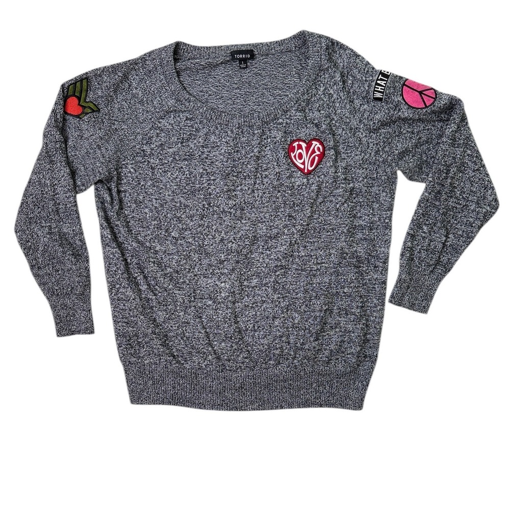 Torrid Patch Marled Knit Sweater, Women's Plus Size 1 /‎ 1X, Gray Pullover
